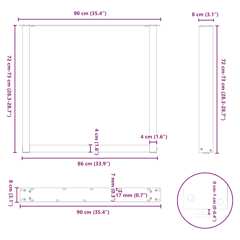 spisebordsben U-formet 3 stk. naturstål 90x(72-73) cm stål