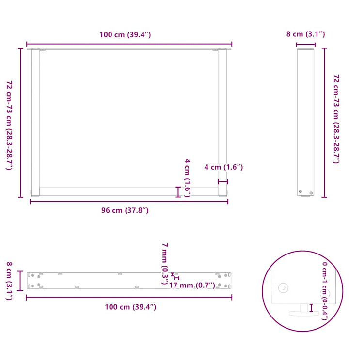 spisebordsben U-formet 3 Stk. sort 100x(72-73) cm stål
