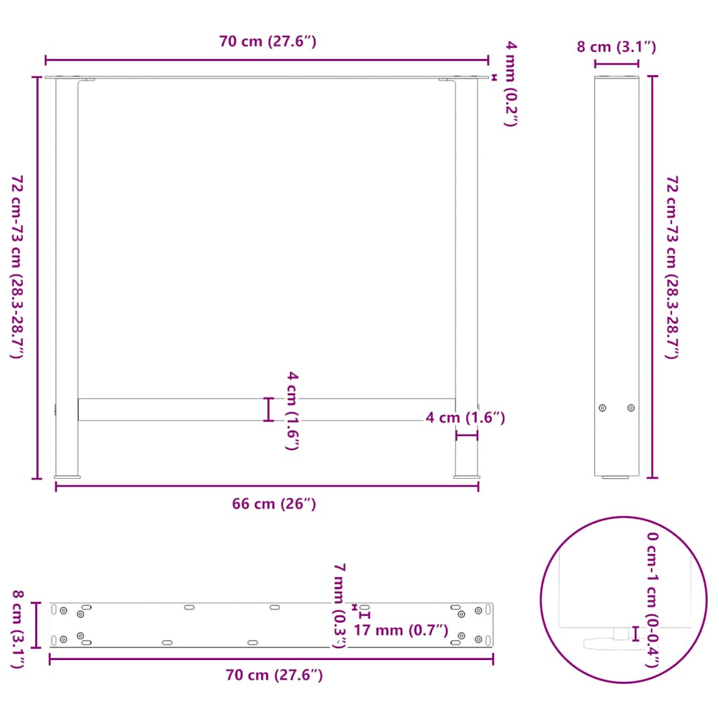 sofabordben naturstål 2 stk. 70x(72-73) cm stål