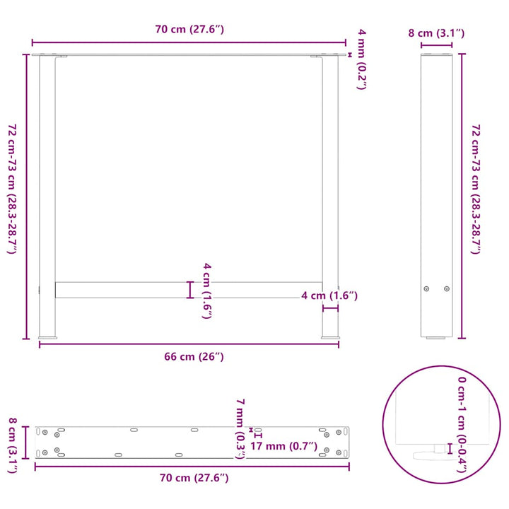 sofabordben naturstål 2 stk. 70x(72-73) cm stål
