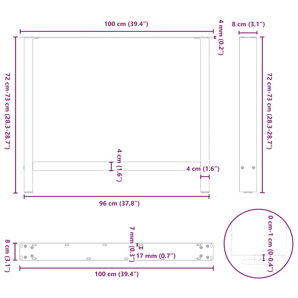 sofabordben 2 stk. 100x(72-73) cm stål sort