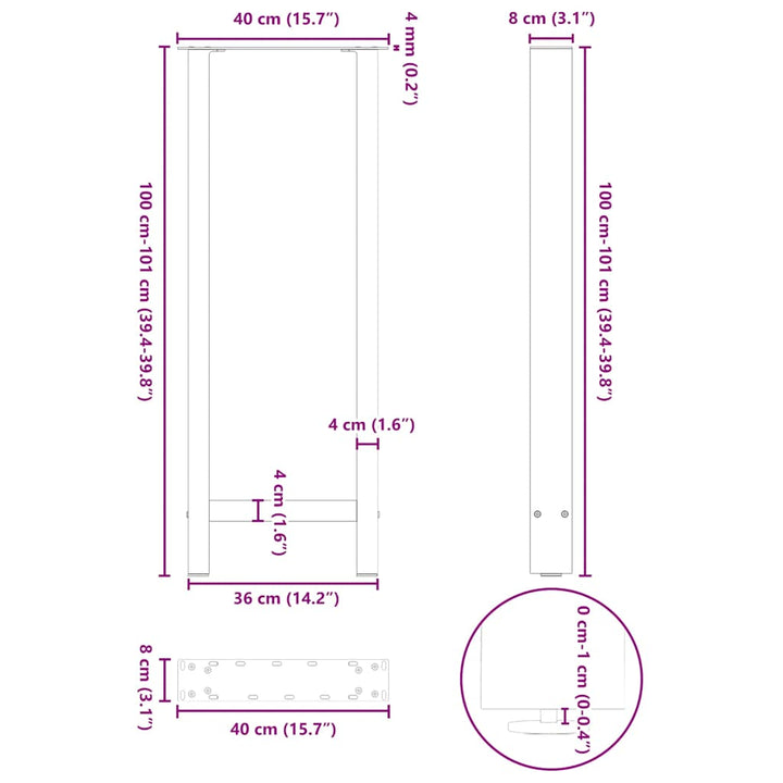 sofabordben naturstål 2 stk. 40x(100-101) cm stål