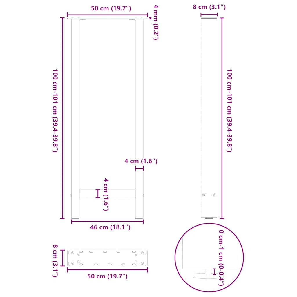 sofabordben naturstål 2 stk. 50x(100-101) cm stål