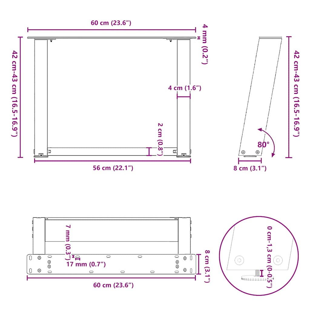 sofabordben U-formet 2 stk. 60x(42-43) cm stål antracitgrå