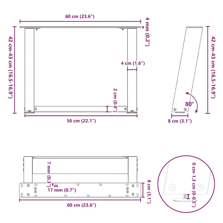 sofabordben U-formet 2 stk. 60x(42-43) cm stål antracitgrå