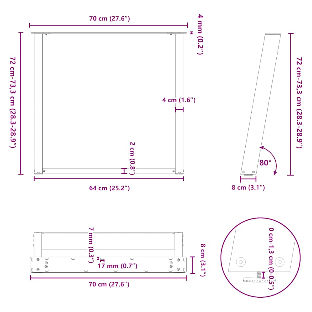 spisebordsben U-formet 2 stk. hvid 70 x (72-73) cm stål