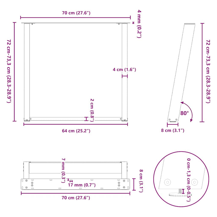 spisebordsben U-formet 2 stk. hvid 70 x (72-73) cm stål