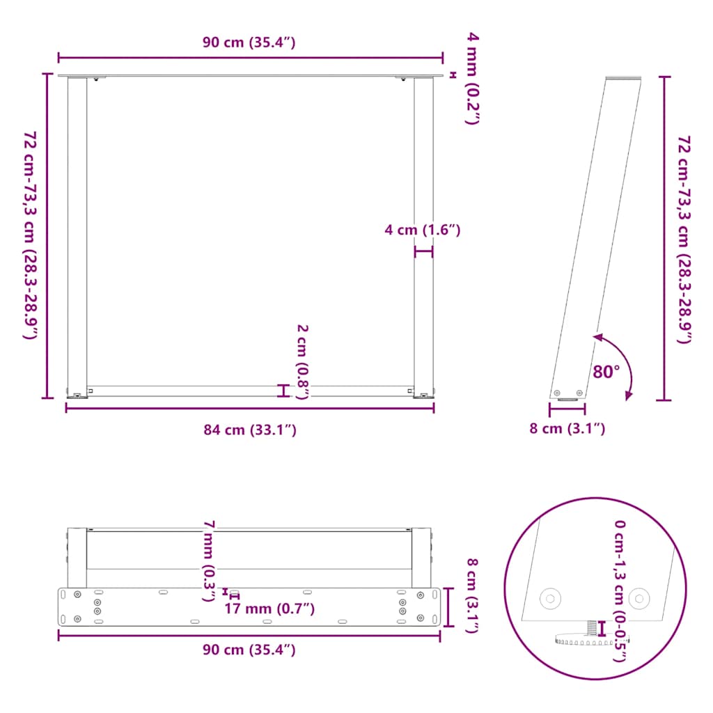spisebordsben U-formet 2 stk. naturstål 90 x (72-73) cm stål