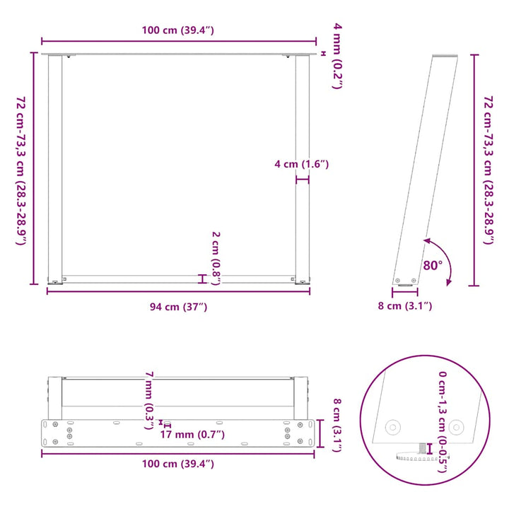 spisebordsben U-formet 2 stk. antracit 100x(72-73) cm stål