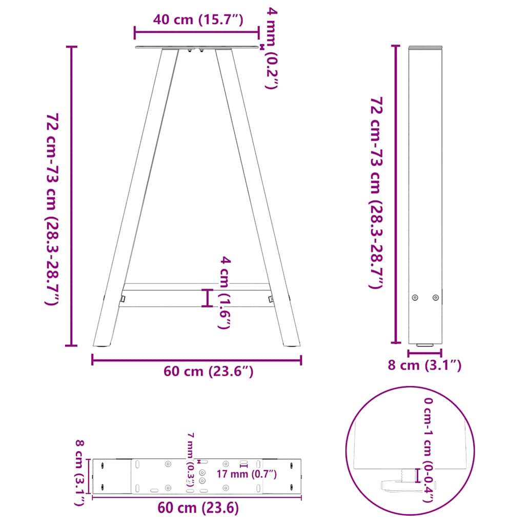 sofabordben A-formet 2 stk 60x(72-73) cm stål hvid