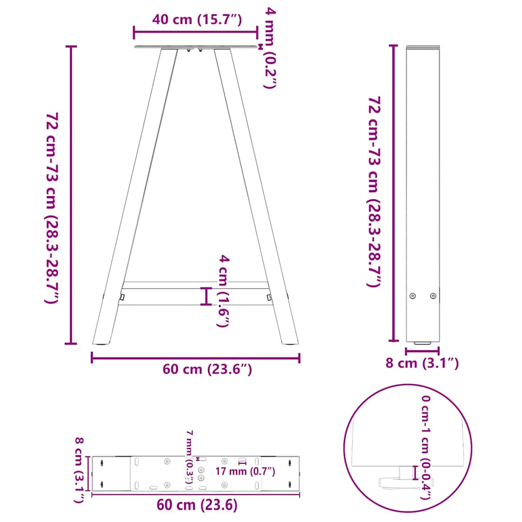 spisebordsben A-formet 2 stk. antracit 60 x (72-73) cm stål