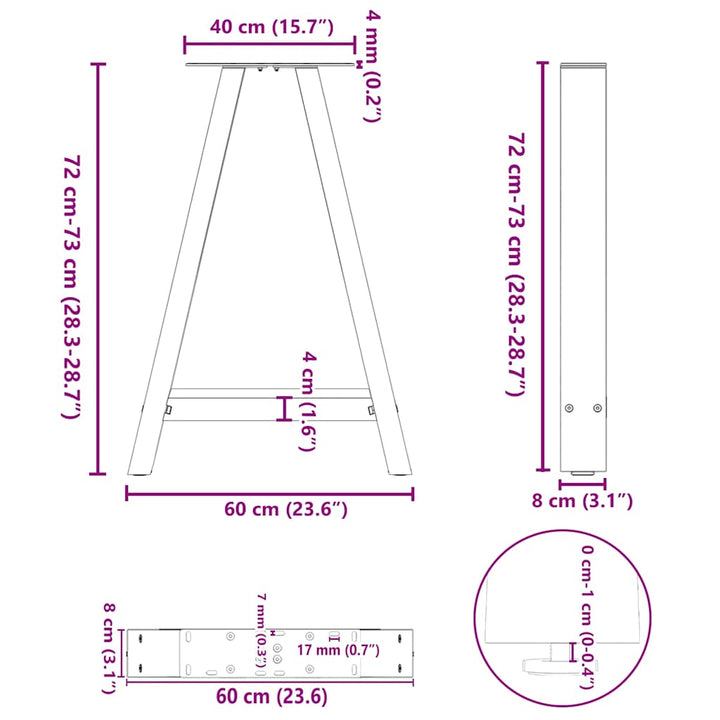 spisebordsben A-formet 2 stk. antracit 60 x (72-73) cm stål