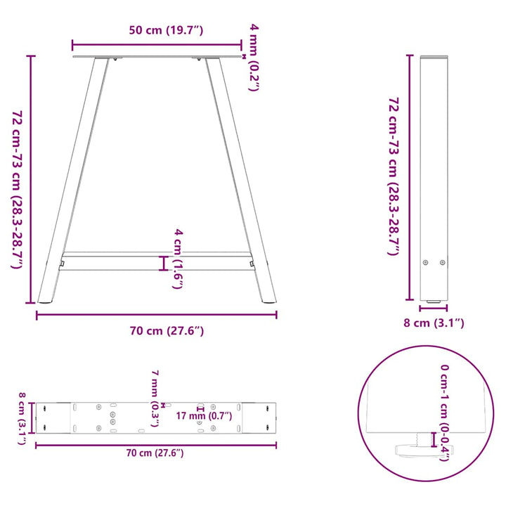 sofabordben A-formet 2 stk 70x(72-73) cm stål hvid