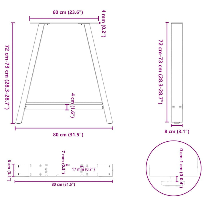 sofabordben A-formet 2 stk 80x(72-73) cm stål hvid