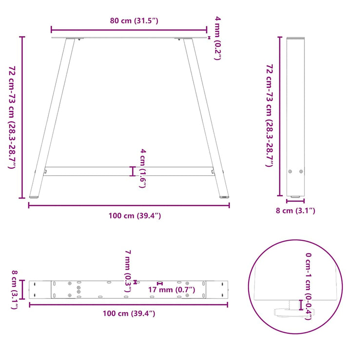 sofabordben A-formet 2 stk 100x(72-73) cm stål sort
