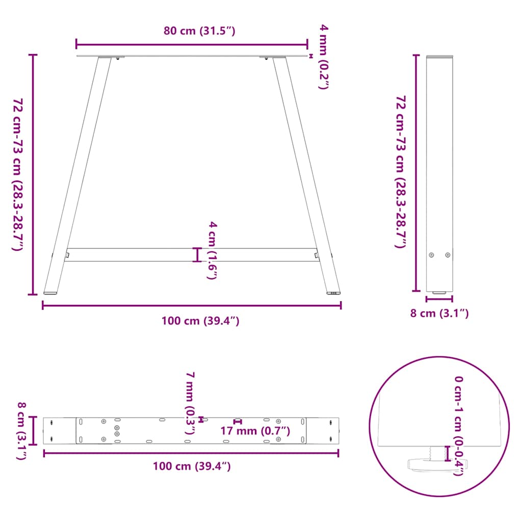 sofabordben A-formet 2 stk 100x(72-73) cm stål hvid