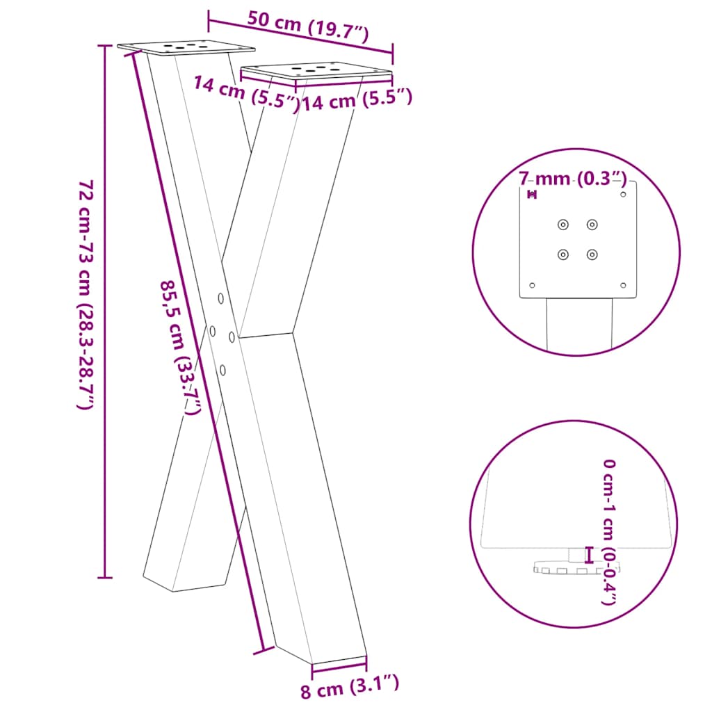 spisebordsben X-formet 2 stk. antracit 50x(72-73) cm stål