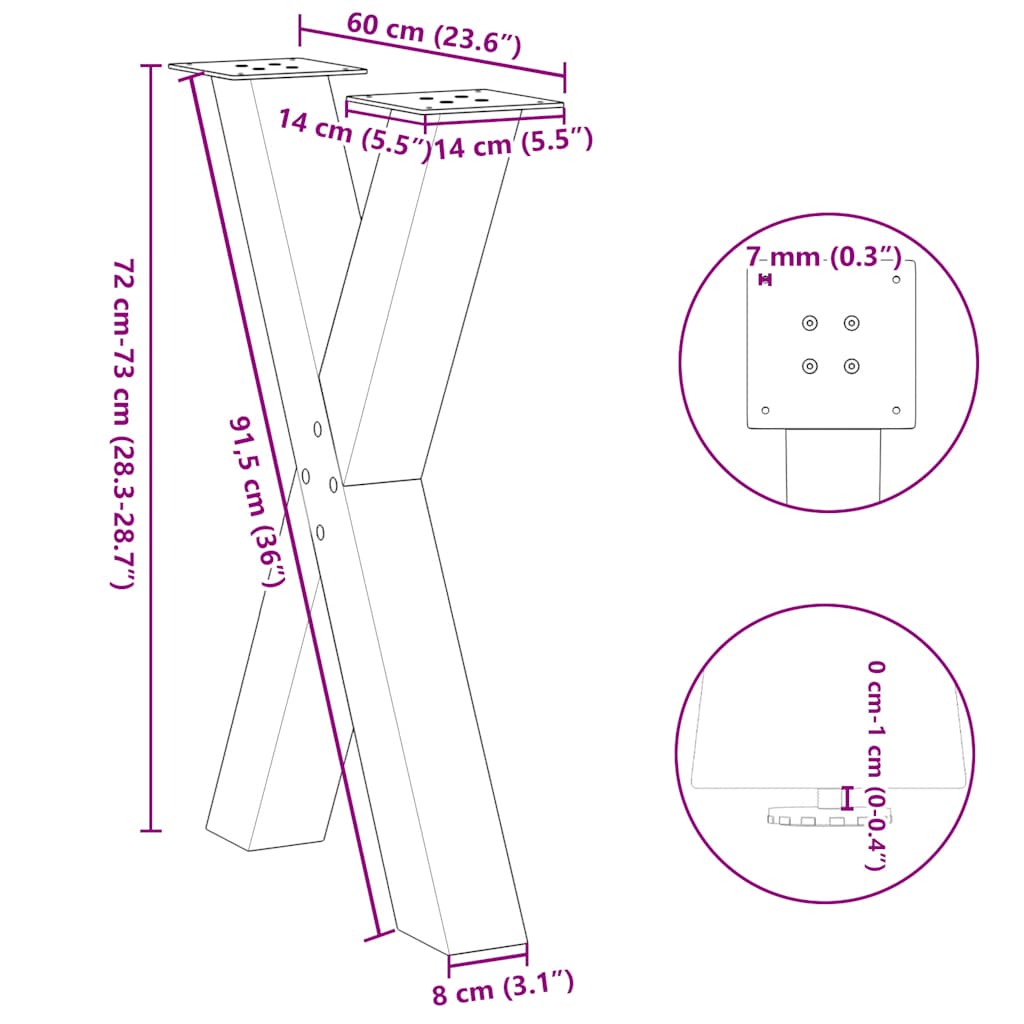 spisebordsben X-formet 2 stk. hvid 60 x (72-73) cm stål