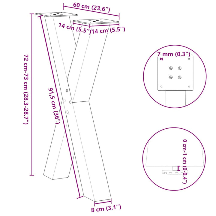 spisebordsben X-formet 2 stk. hvid 60 x (72-73) cm stål