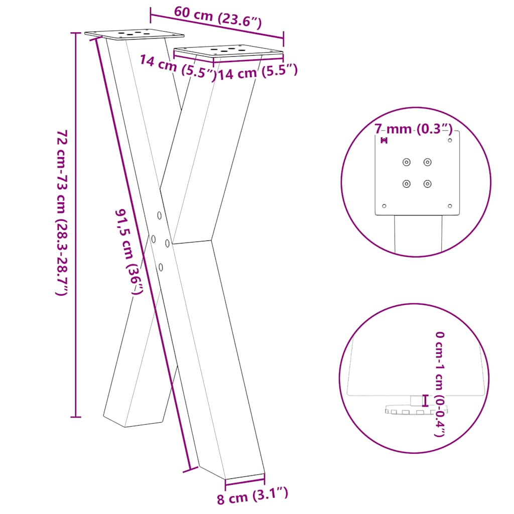 spisebordsben X-formet 2 stk. naturstål 60 x (72-73) cm stål