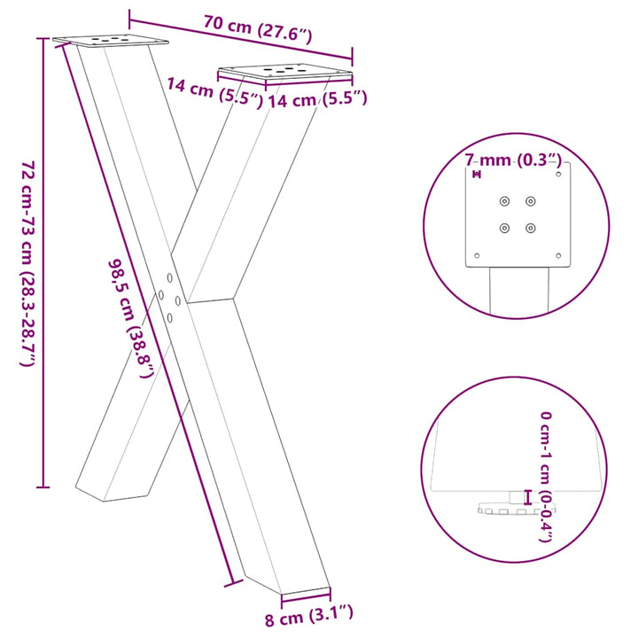 spisebordsben X-formet 2 stk. sort 70 x (72-73) cm stål