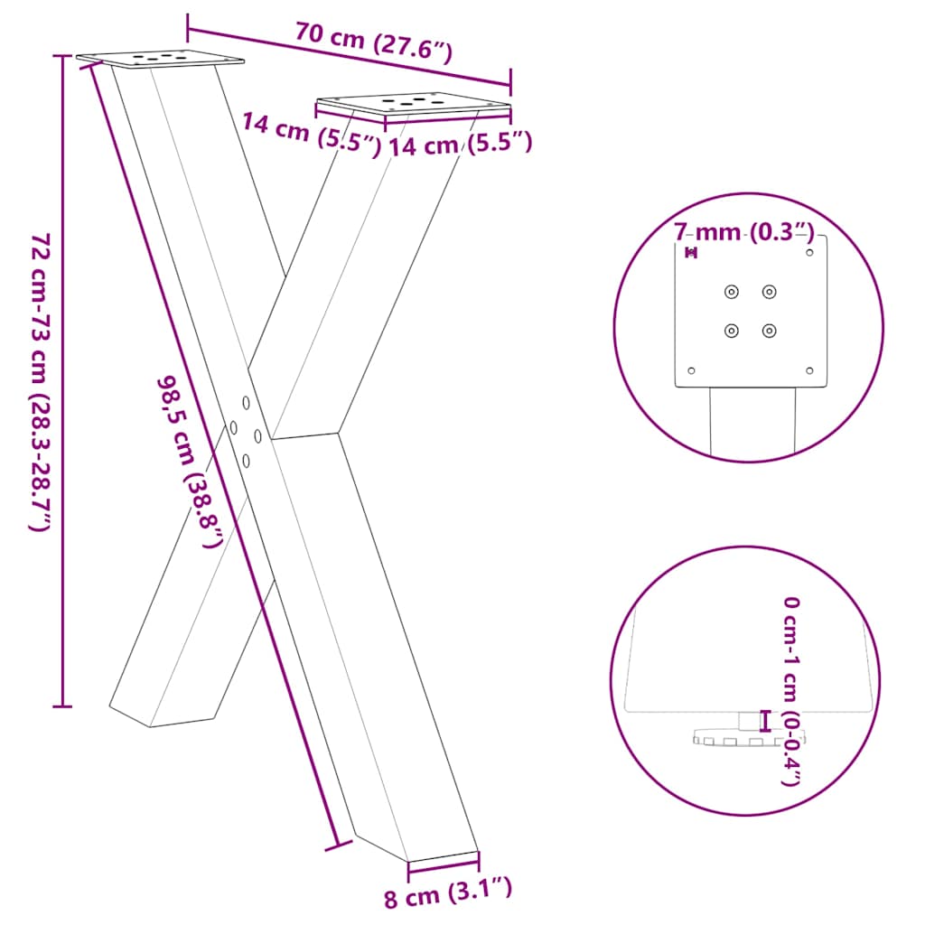 spisebordsben X-formet 2 stk. naturstål 70 x (72-73) cm stål