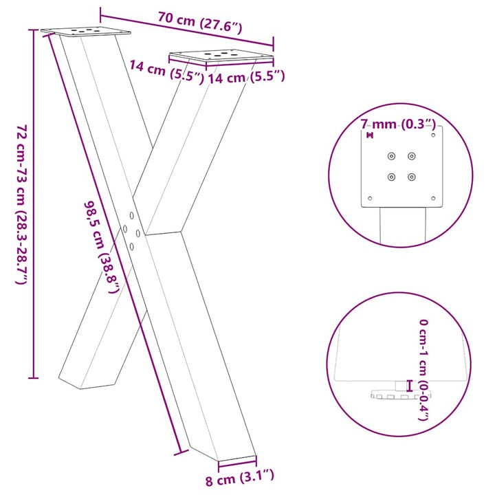 spisebordsben X-formet 2 stk. naturstål 70 x (72-73) cm stål