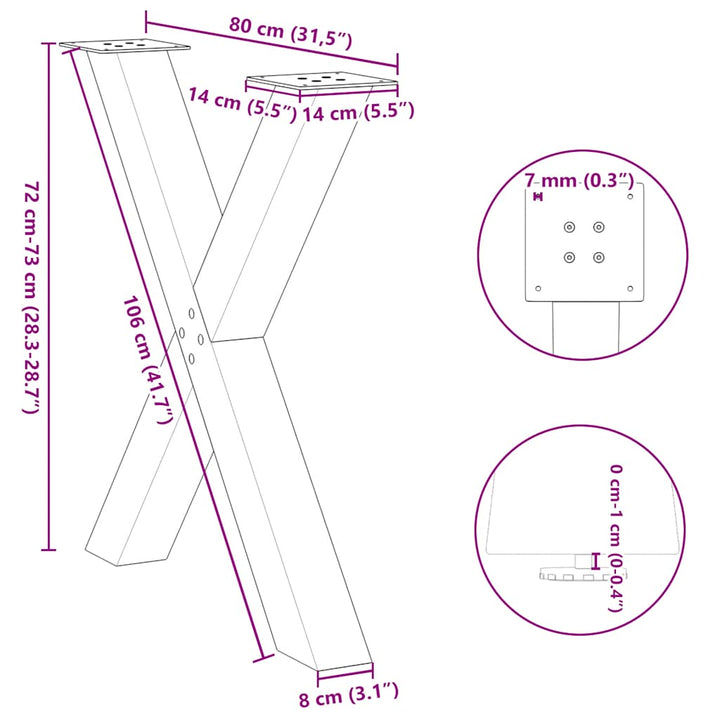 spisebordsben X-formet 2 stk. naturstål 80x(72-73) cm stål