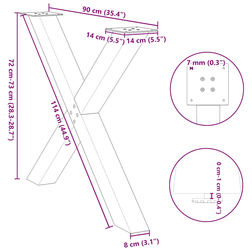 spisebordsben X-formet 2 stk. sort 90 x (72-73) cm stål