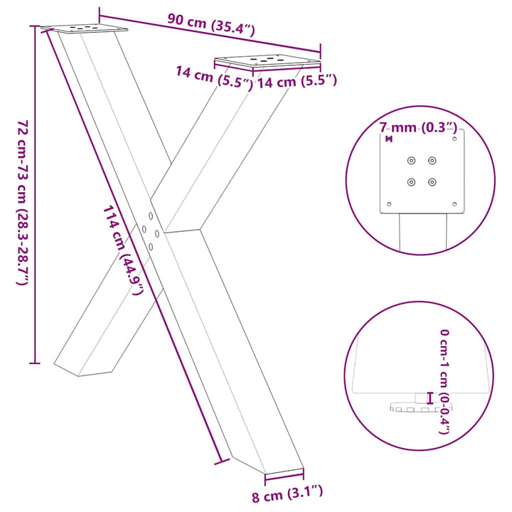 spisebordsben X-formet 2 stk. sort 90 x (72-73) cm stål