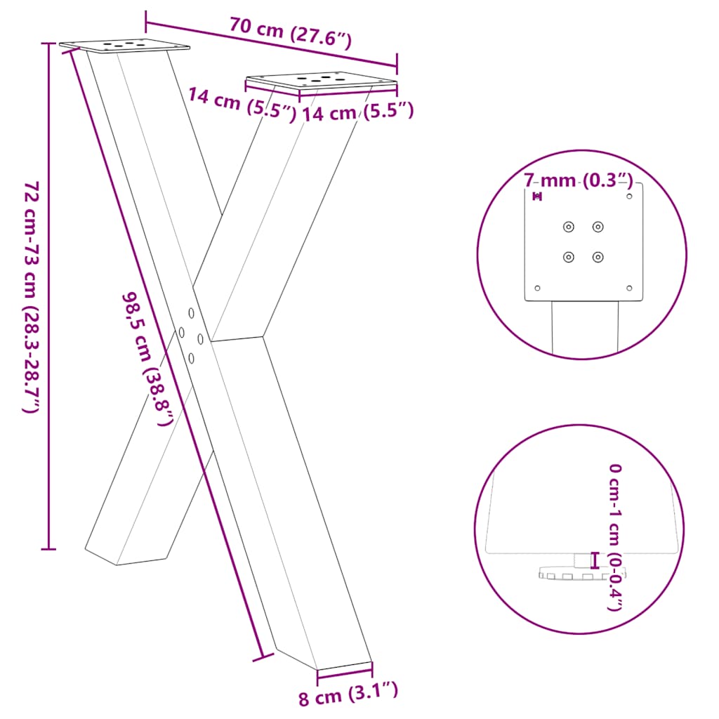 spisebordsben X-formet 3 stk. sort 70 x (72-73) cm stål