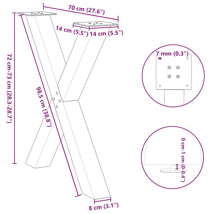 spisebordsben X-formet 3 stk. sort 70 x (72-73) cm stål