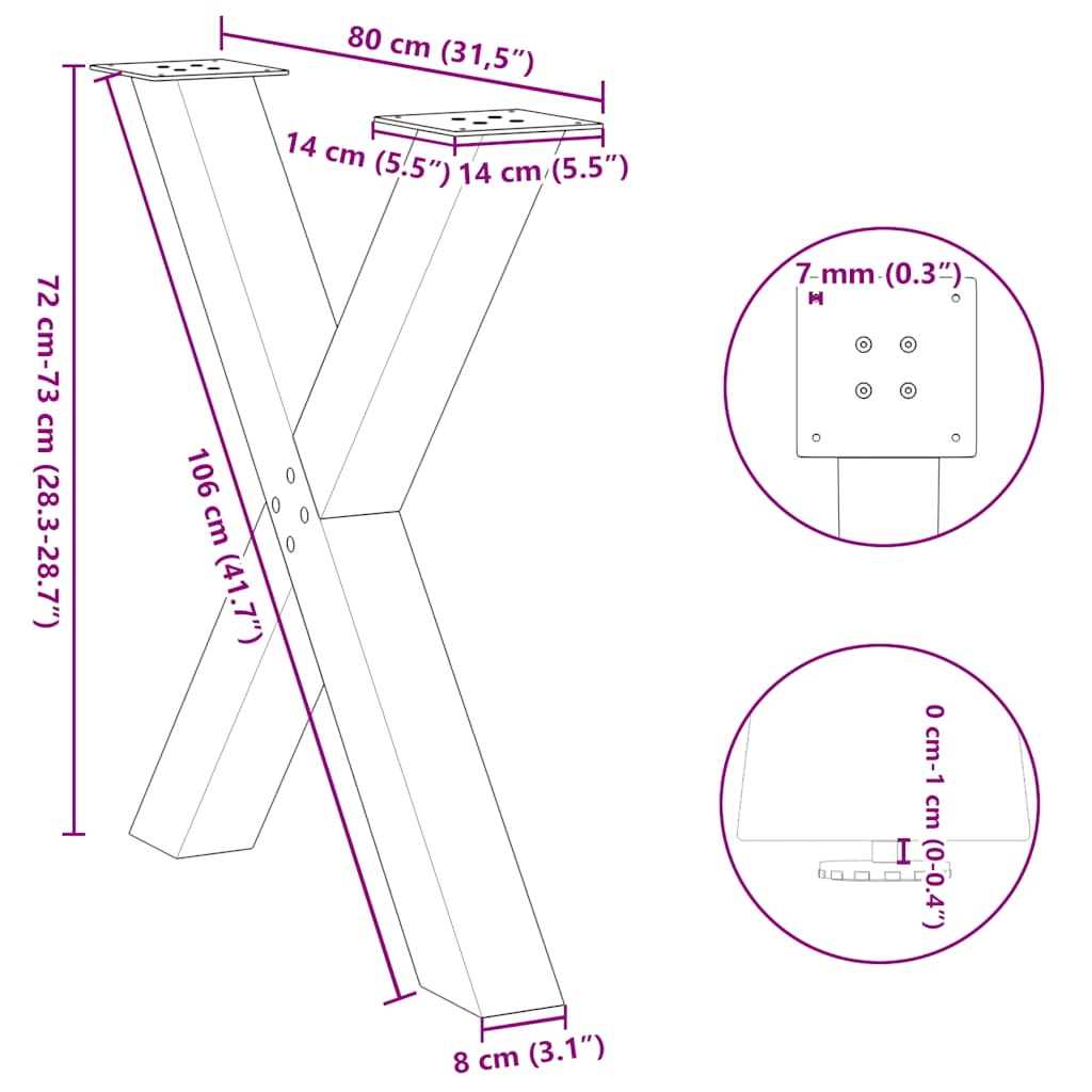 spisebordsben X-formet 3 stk. sort 80 x (72-73) cm stål