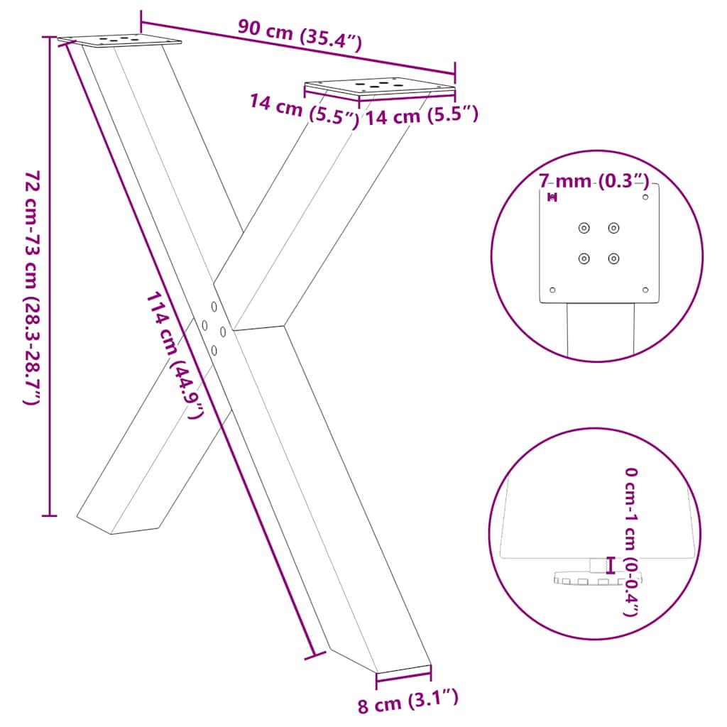 spisebordsben X-formet 3 stk. sort 90 x (72-73) cm stål