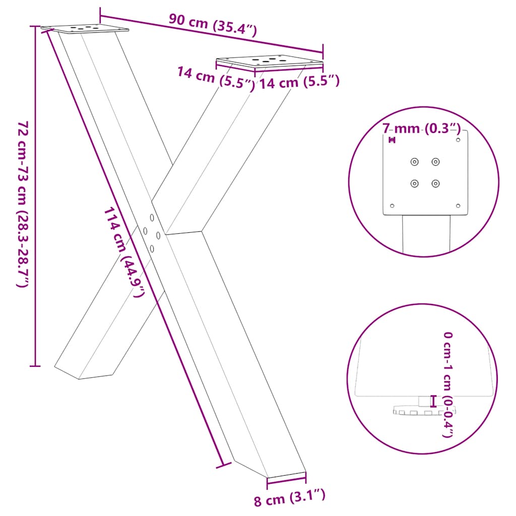 spisebordsben X-formet 3 stk. naturstål 90x(72-73) cm stål