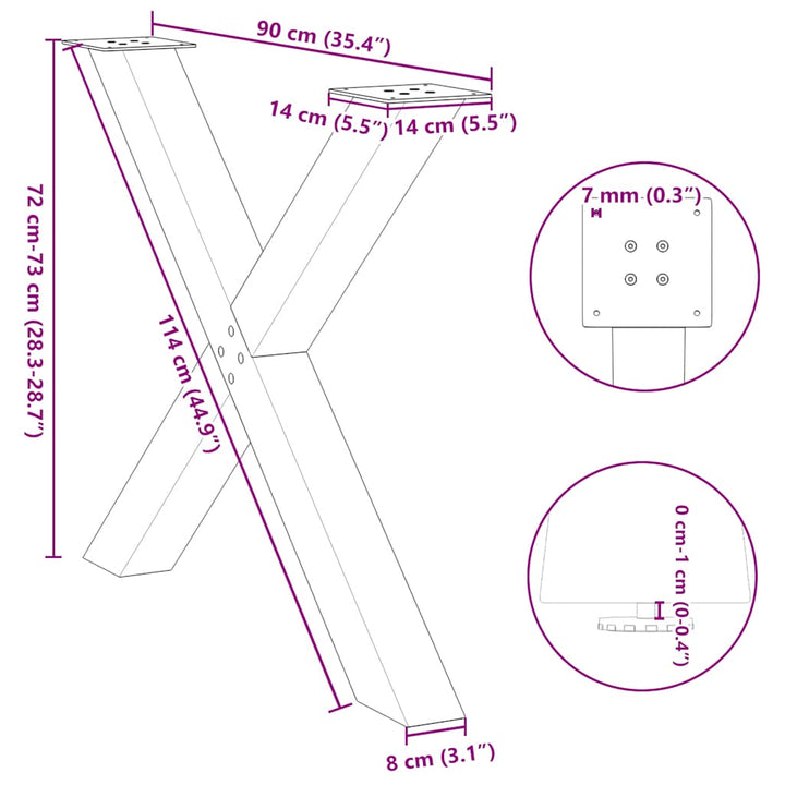 spisebordsben X-formet 3 stk. naturstål 90x(72-73) cm stål