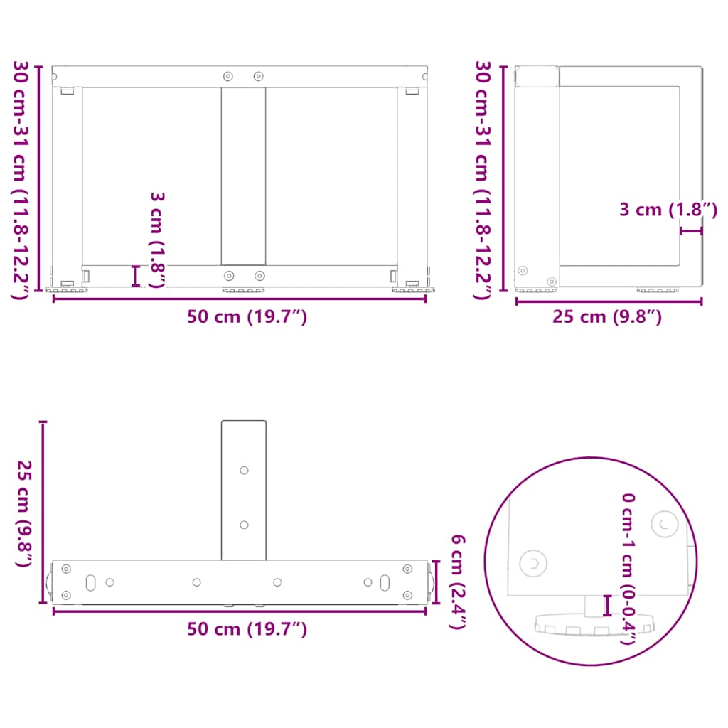 sofabordben T-formet 2 stk 50x25x(30-31) cm stål hvid