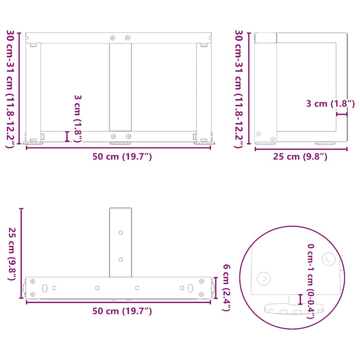 sofabordben T-formet 2 stk 50x25x(30-31) cm stål hvid