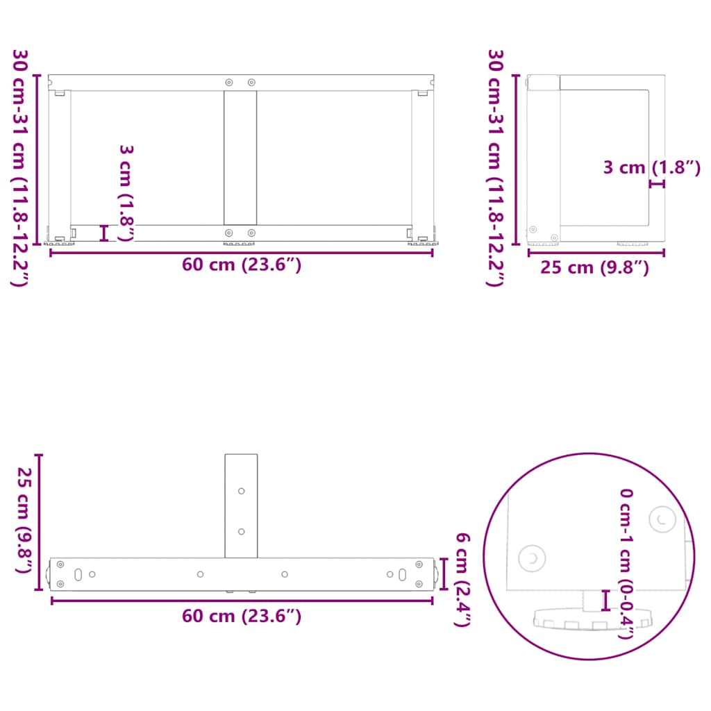 sofabordben T-formet 2 stk 60x25x(30-31) cm stål sort