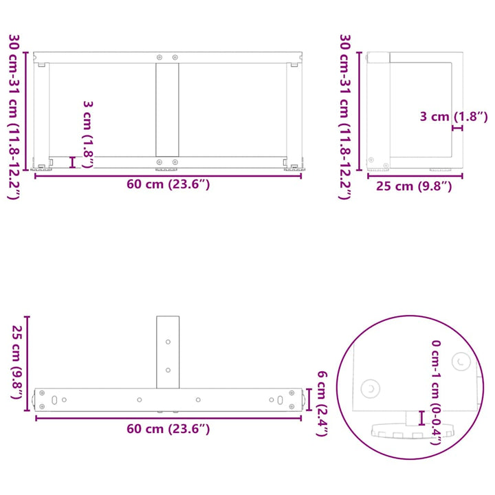 sofabordben T-formet 2 stk 60x25x(30-31) cm stål sort