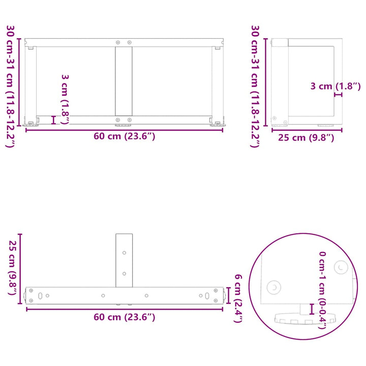 sofabordben T-formet 2 stk 60x25x(30-31) cm stål sort