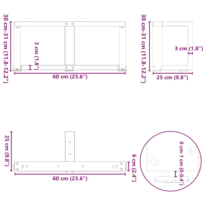 sofabordben T-formet 2 stk 60x25x(30-31) cm stål antracitgrå