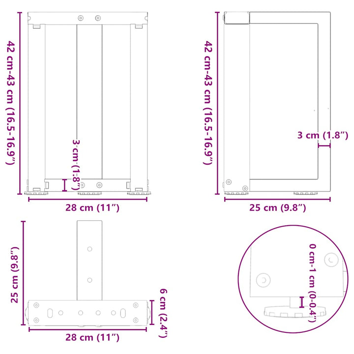 sofabordben T-formet 2 stk 28x25x(42-43) cm stål antracitgrå