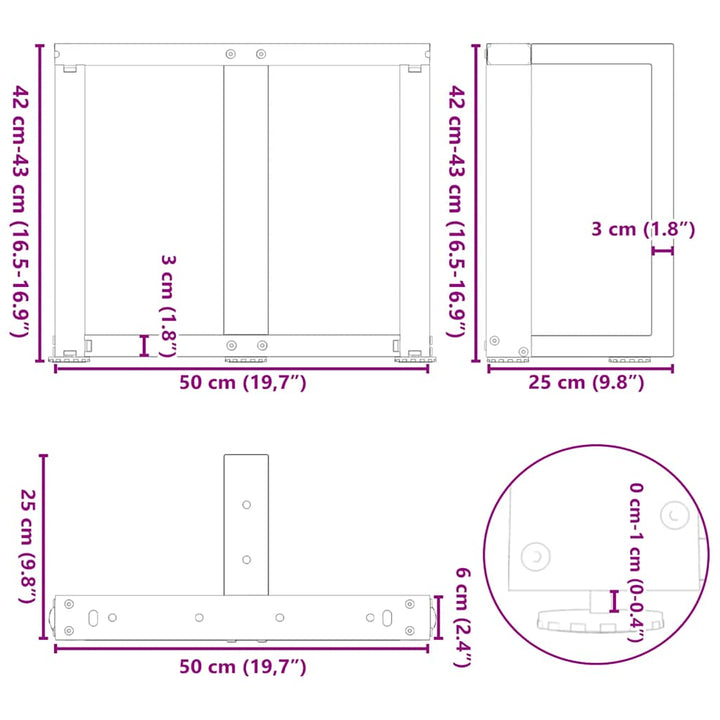 sofabordben T-formet 2 stk 50x25x(42-43) cm stål antracitgrå
