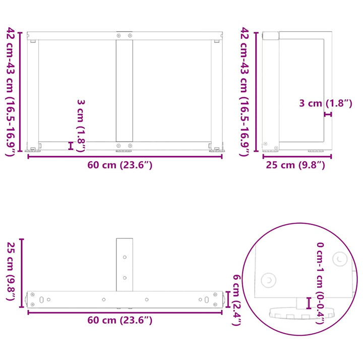 sofabordben T-formet 2 stk 60x25x(42-43) cm stål antracitgrå