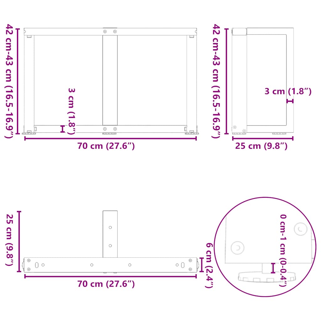 sofabordben T-formet 2 stk 70x25x(42-43) cm stål antracitgrå