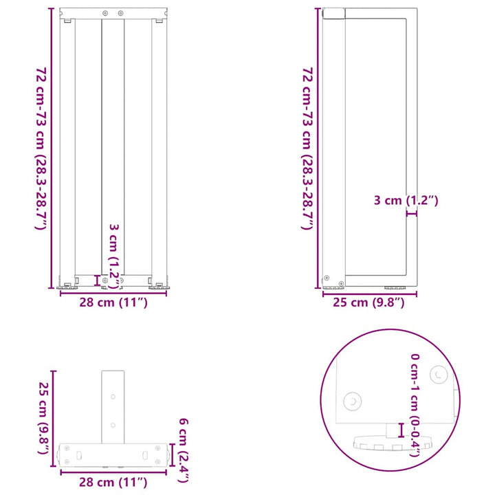 konsolbordben T-formet 2 stk. sort 25x28x(72-73) cm stål