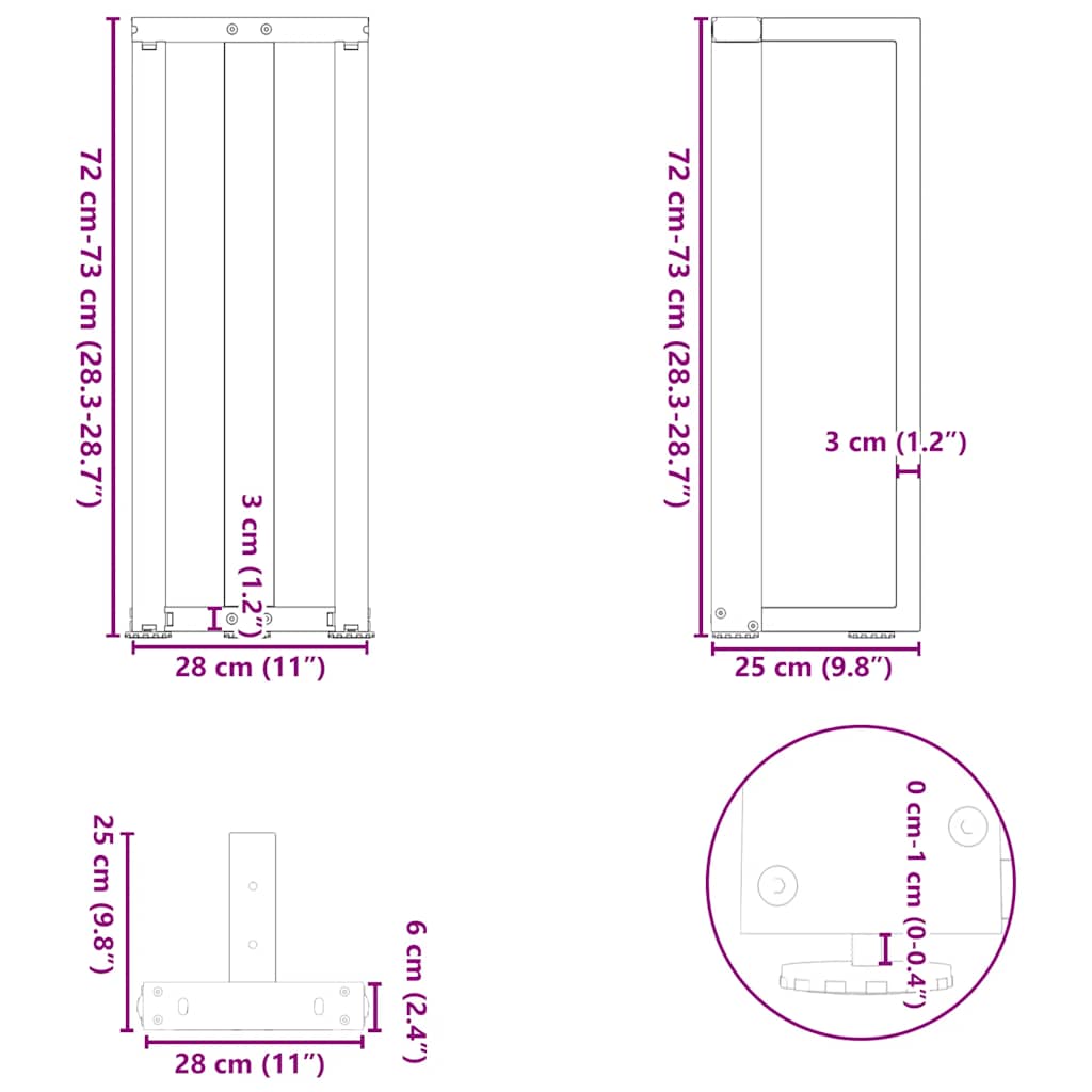 konsolbordben T-formet 2 stk. antracit 25x28x(72-73) cm stål