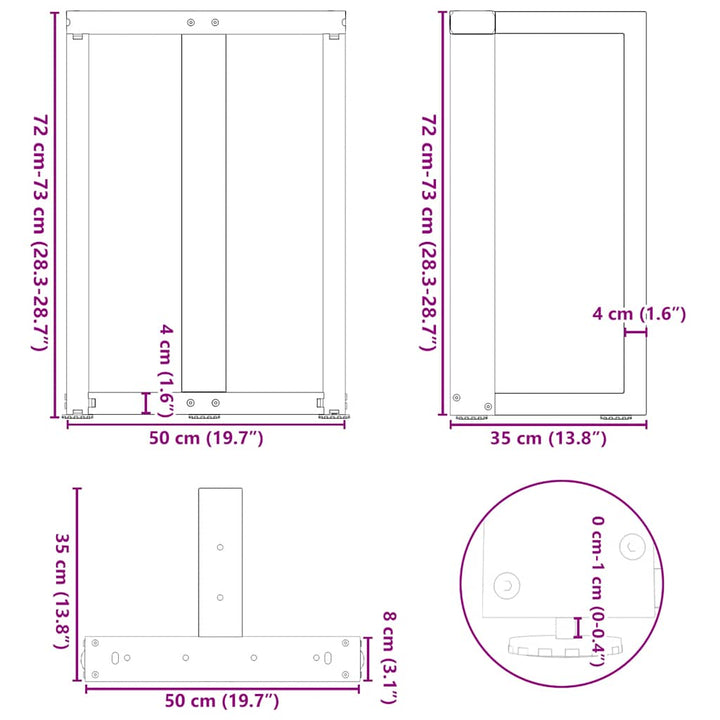 Spisebordsben T-formet 2 stk. naturstål 50x35x(72-73) cm stål