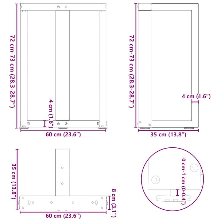 spisebordsben T-formet 2 stk. sort 60x35x(72-73) cm stål